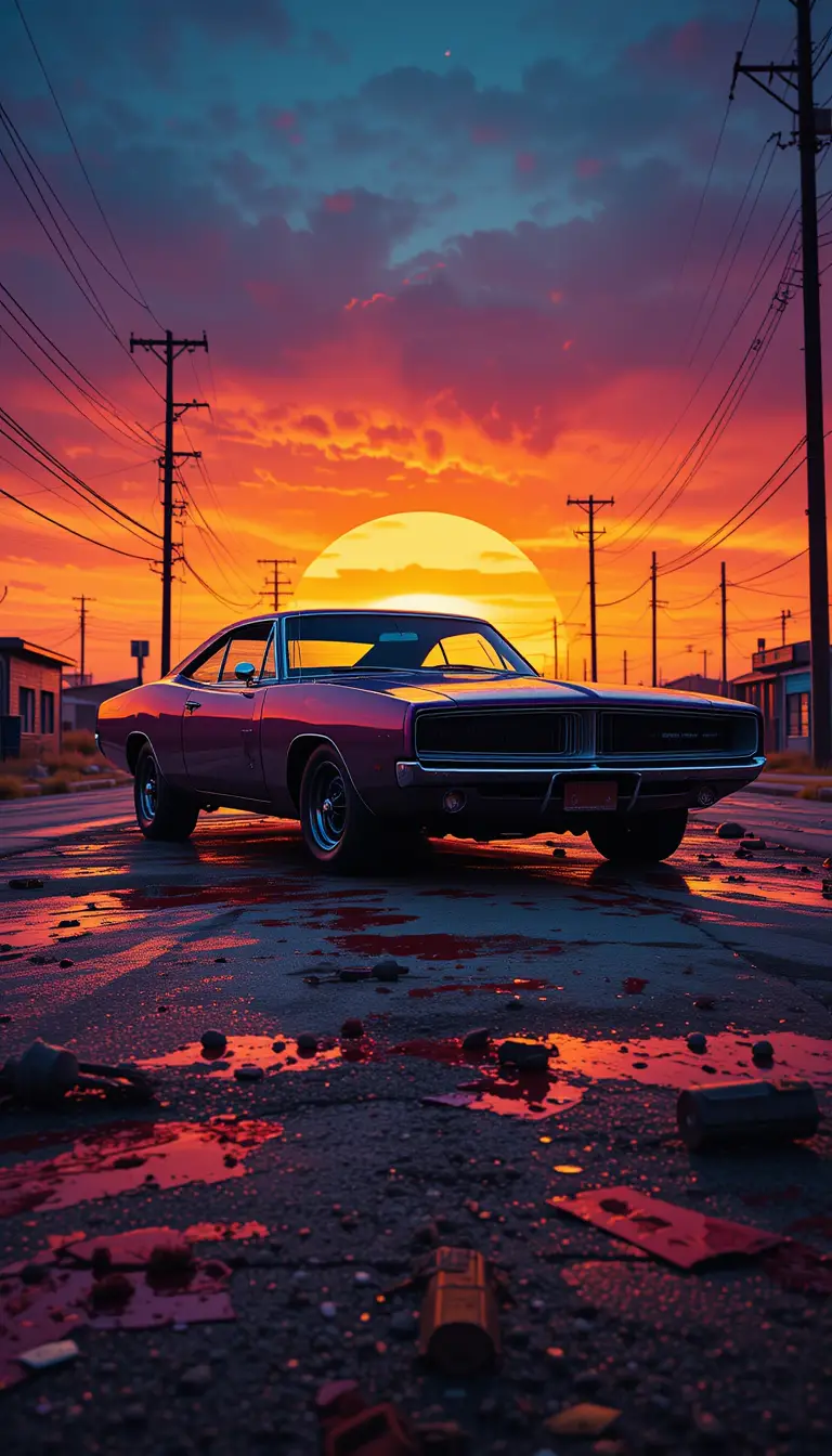 Vintage muscle car on a bloody street at sunset