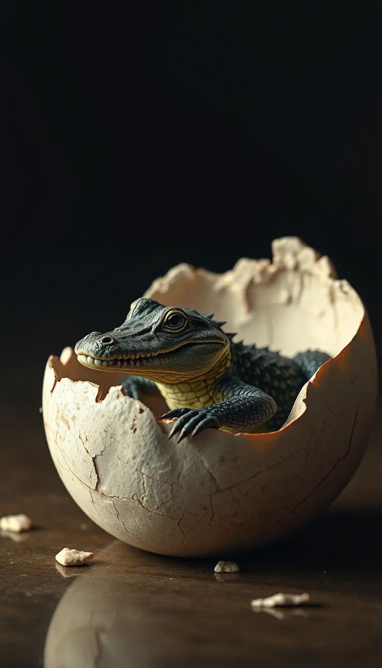 Baby crocodile resting in cracked eggshell in forest light