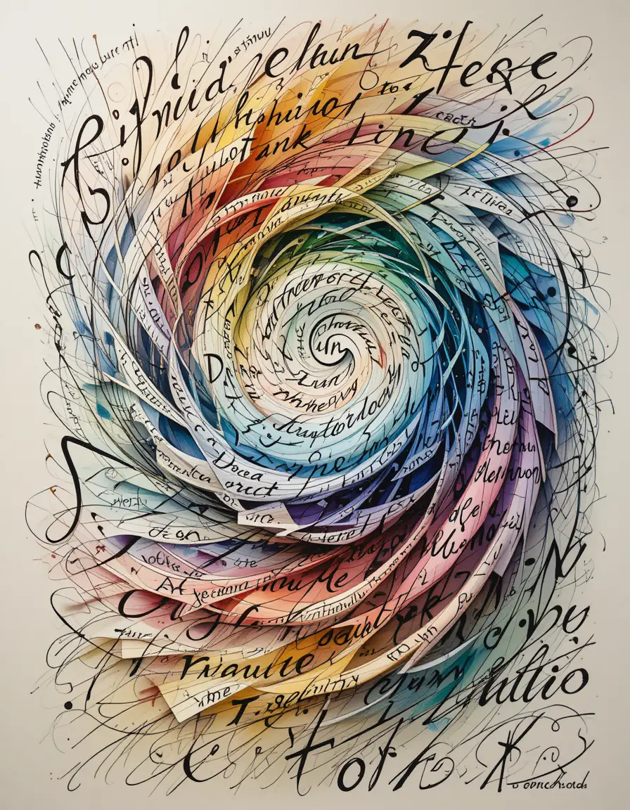 Swirling letters forming a dreamlike abstract vortex