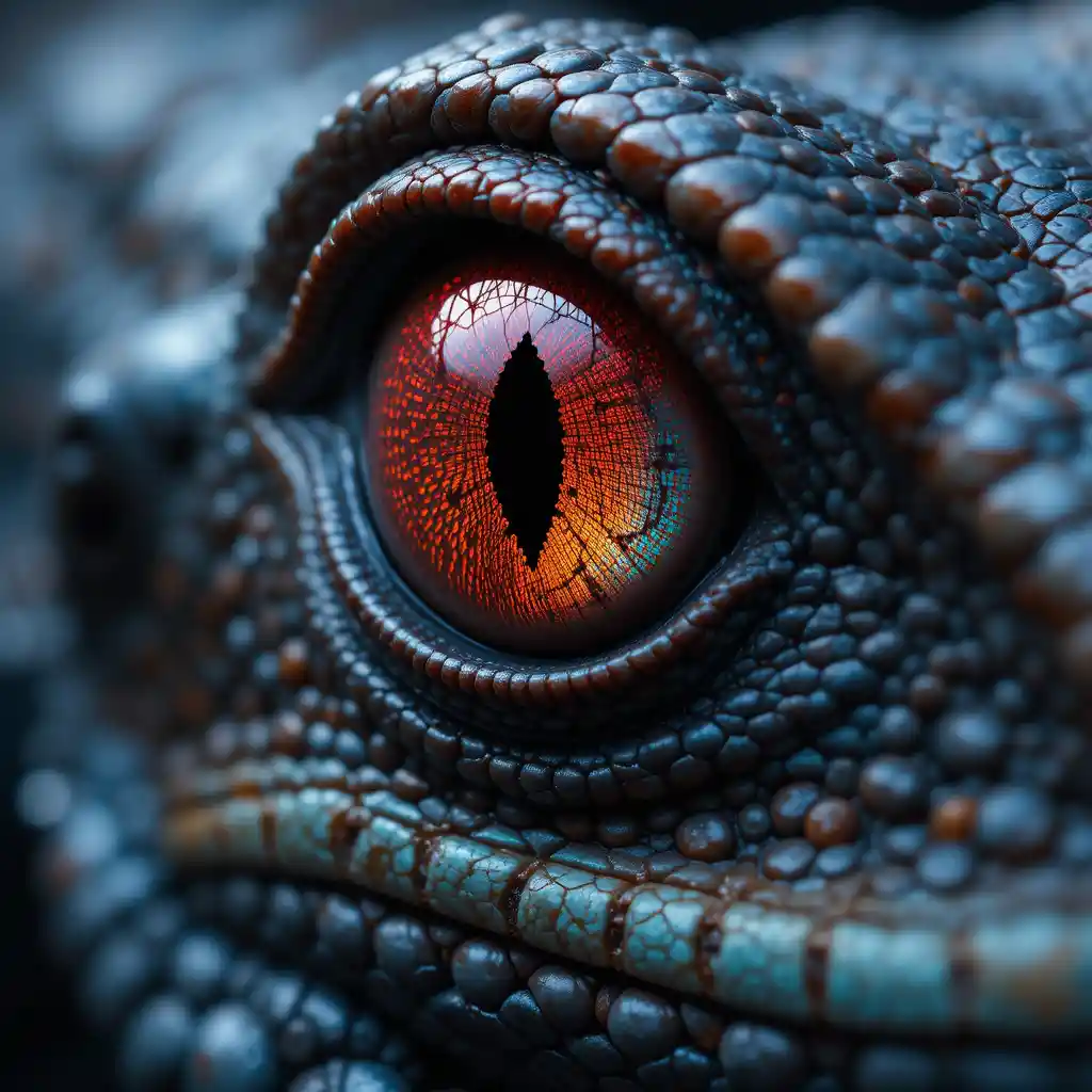 Extreme close up of a multicolored reptile eye