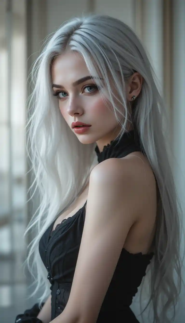 Goth woman with silver hair in black top and skirt