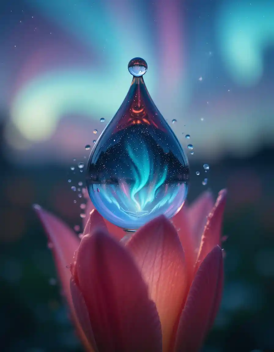 Primer plano de gota de agua que refleja el cielo de auroras boreales
