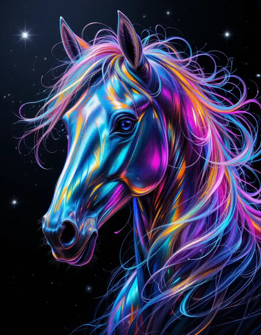 Vibrant abstract horse portrait in metallic prismatic colors