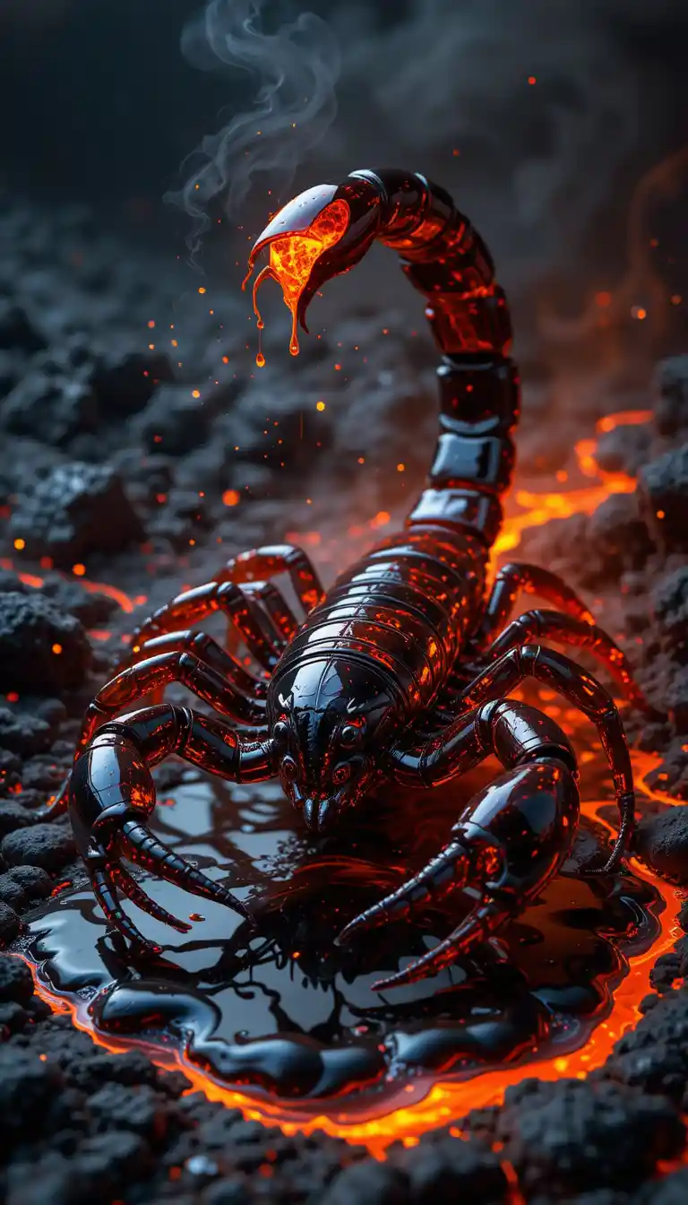 Obsidian glass scorpion with fiery lava stinger