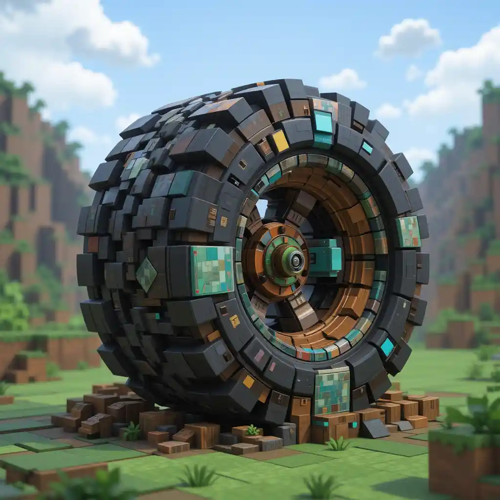 Minecraft style voxel car wheel in a rugged game world