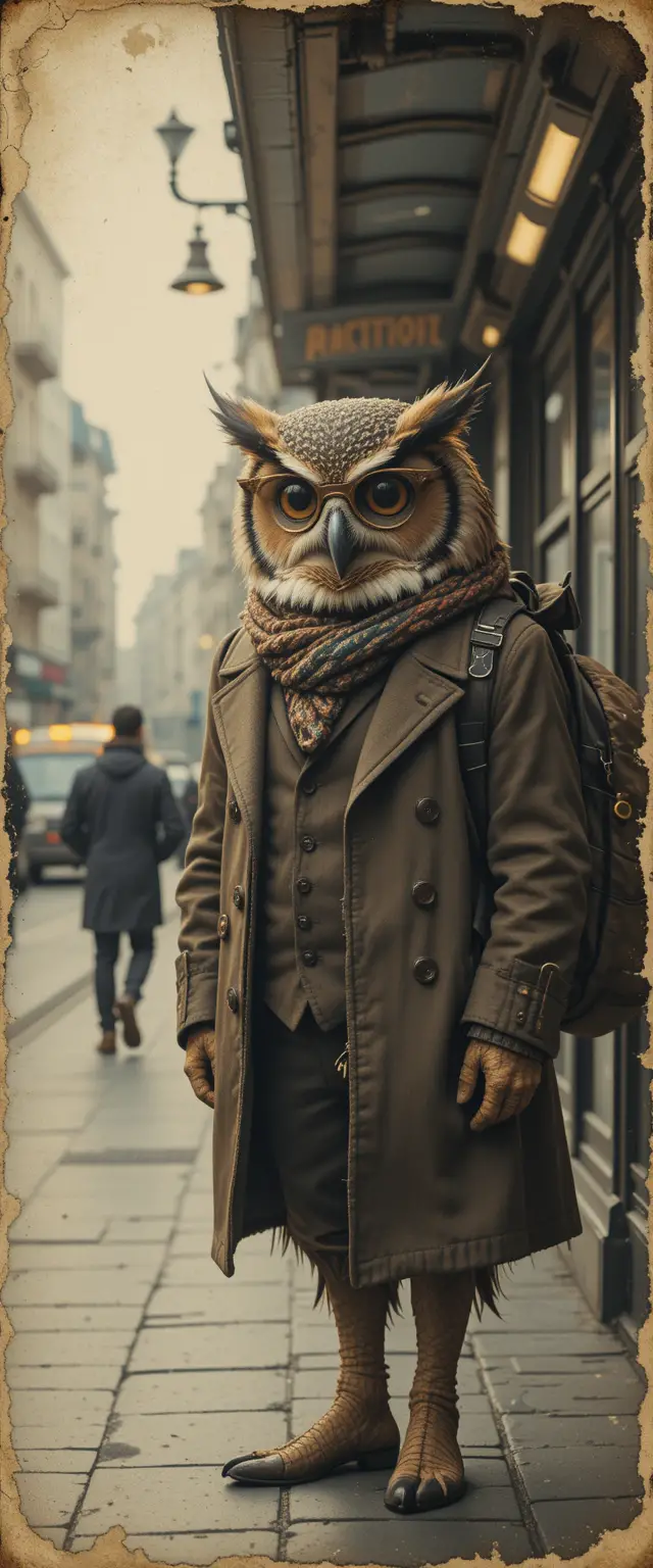 Anthropomorphic Professor Owl Waiting At City Bus Stop