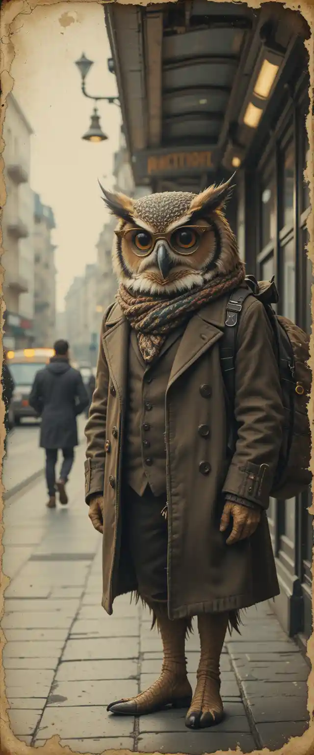 Anthropomorphic Professor Owl Waiting At City Bus Stop