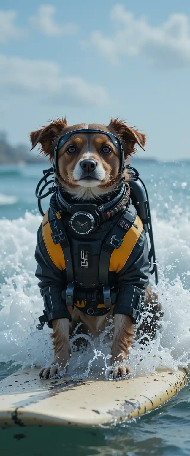 Cane in tuta da sub che fa surf su un'onda di mare foto
