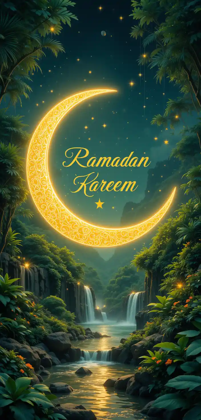 Glowing Crescent Moon In Lush Ramadan Fantasy Garden