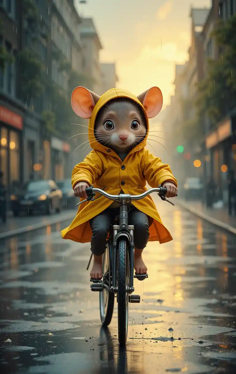 Determined mouse cycling through a rainy city street