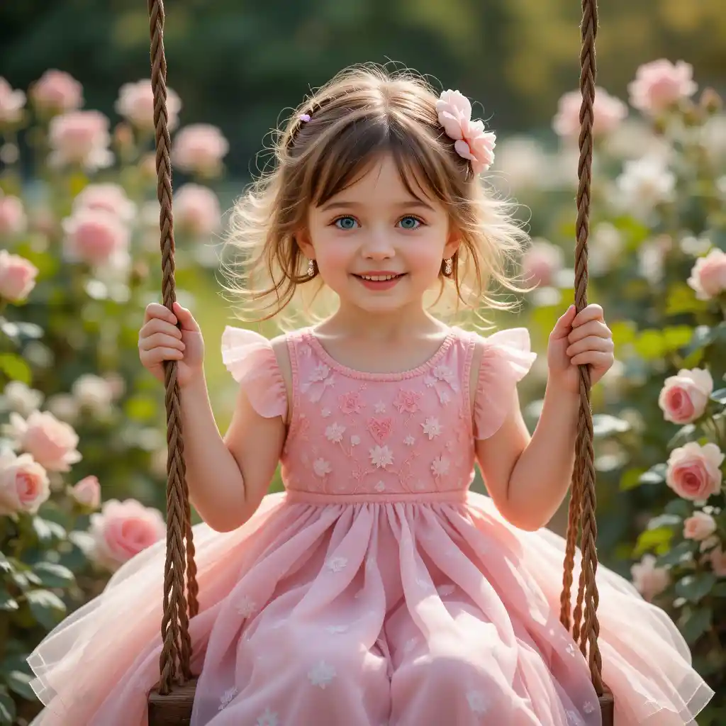Smiling little girl on a swing in a flower garden