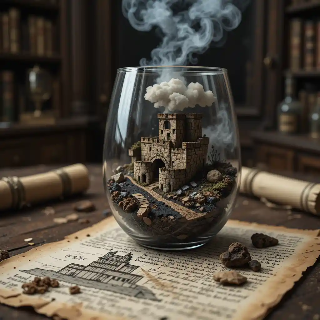 Medieval castle cutaway in an antique wine glass drawing