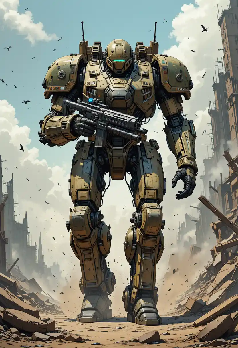 Giant sci fi mecha mercenary on ruined battlefield