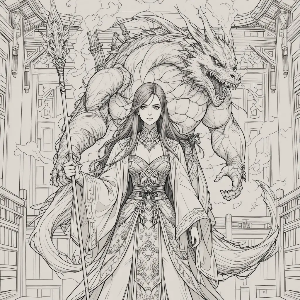 Elegant spear warrior with dragon guardian in temple