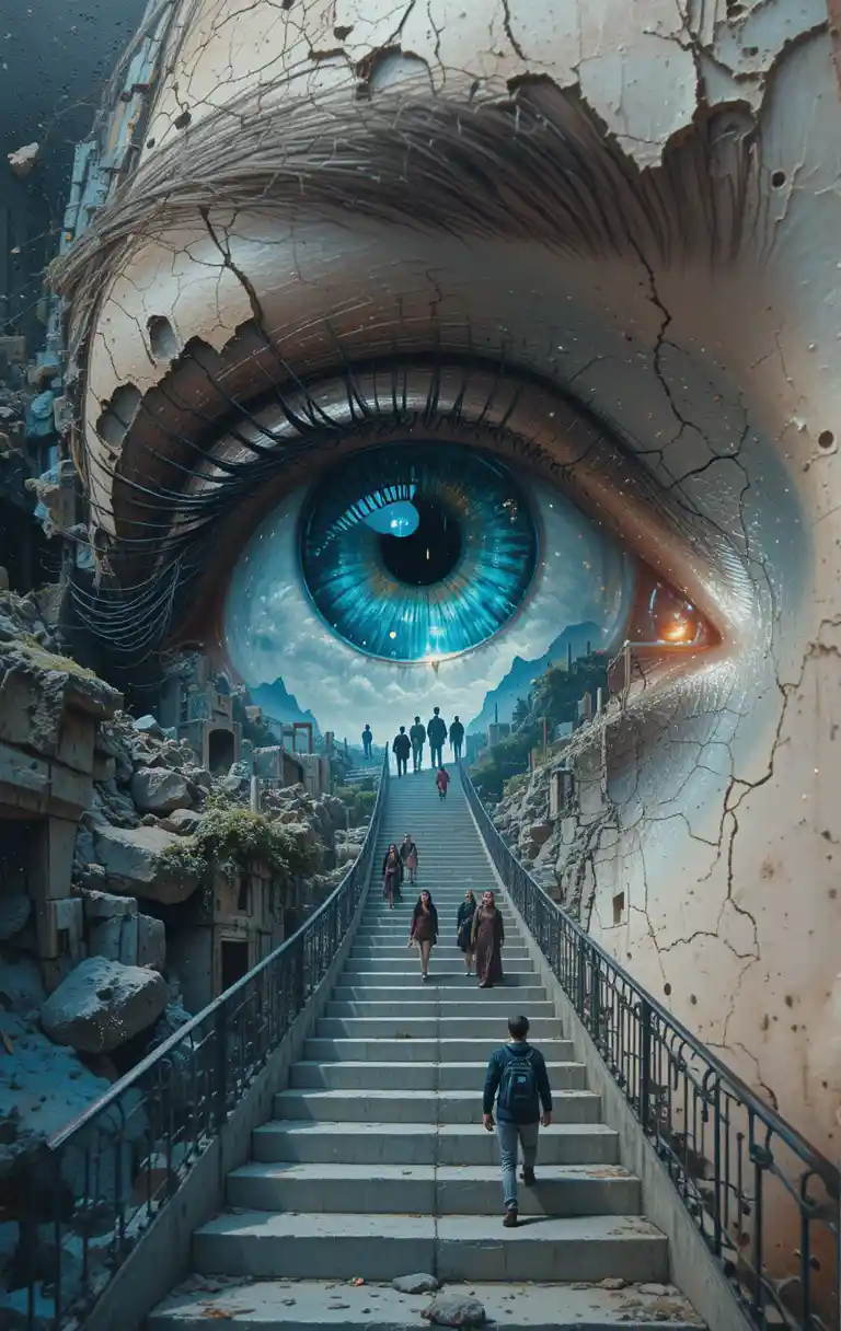 Surreal close up girl portrait with symbolic landscape