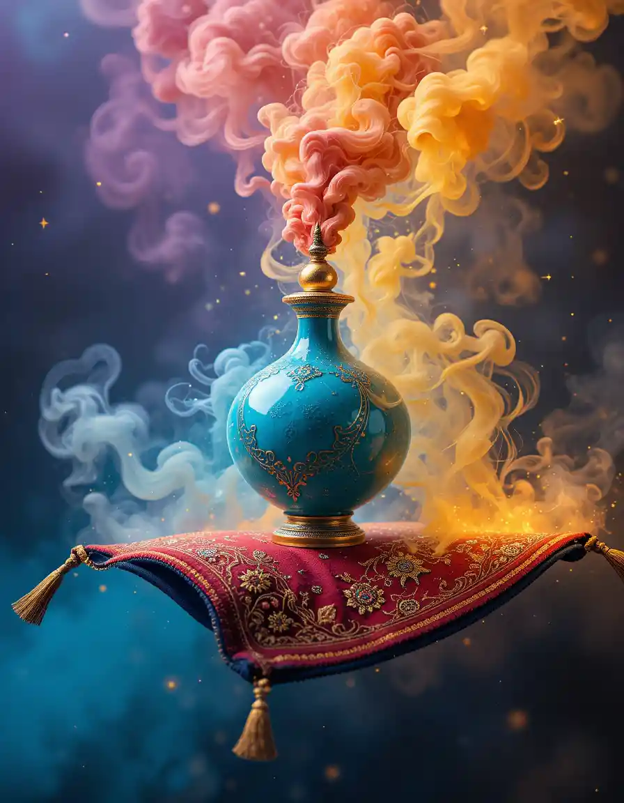 Flying magic carpet with genie bottle and colorful smoke