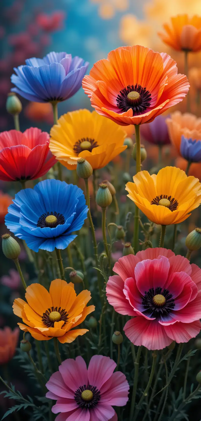 Colorful poppy flowers with textured petals and buds