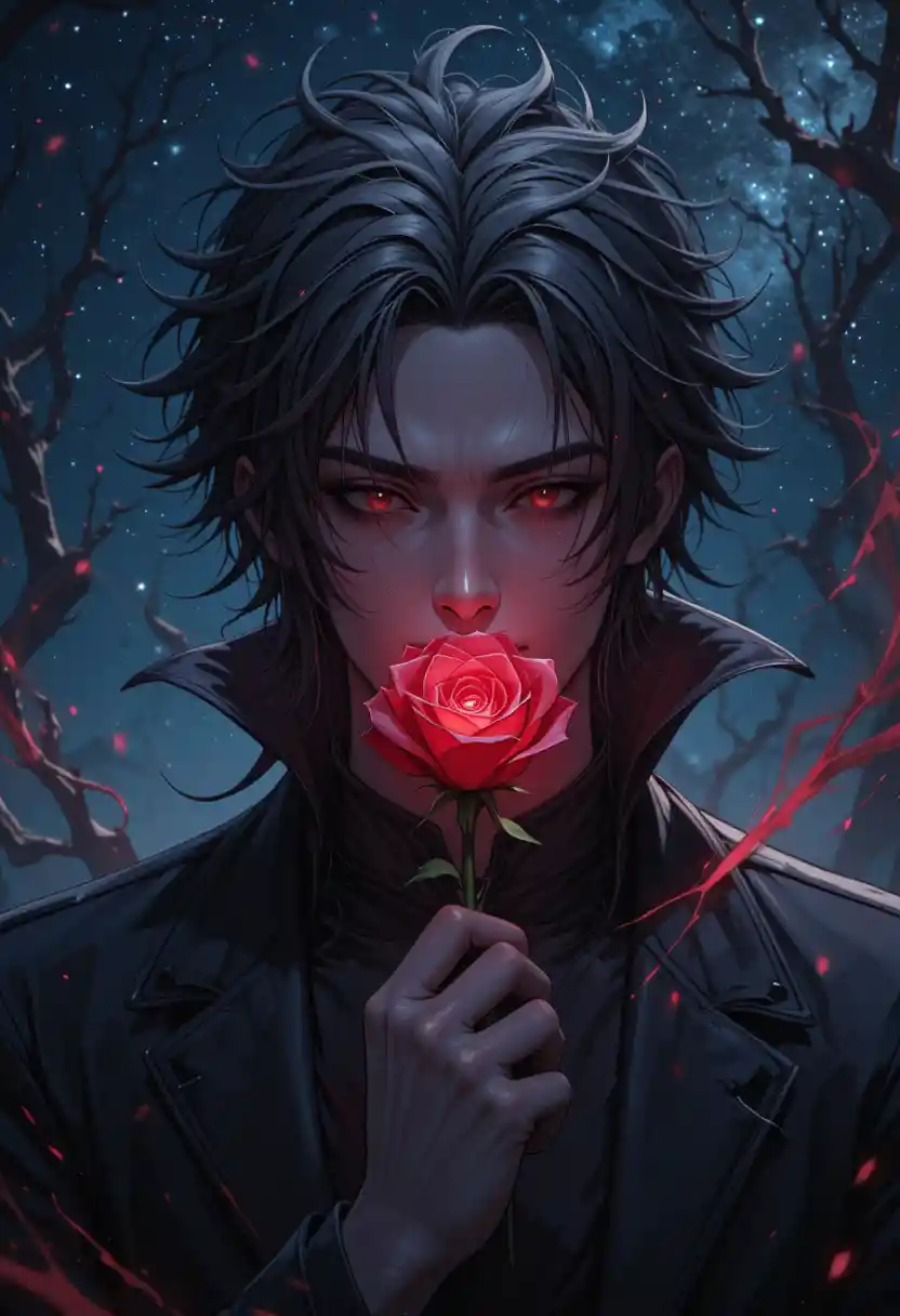 Anime villain holding a glowing red rose under stars