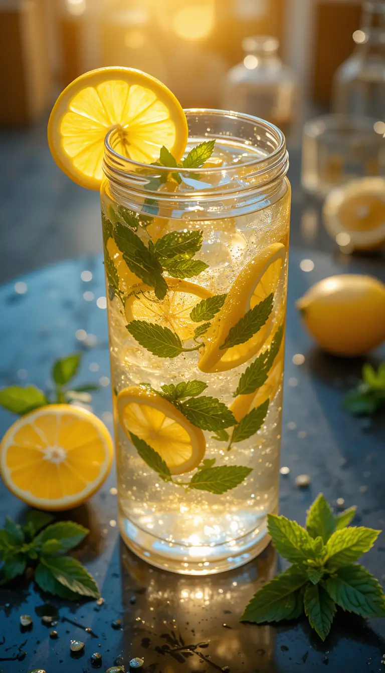 High angle view of infused lemonade with ginger and mint