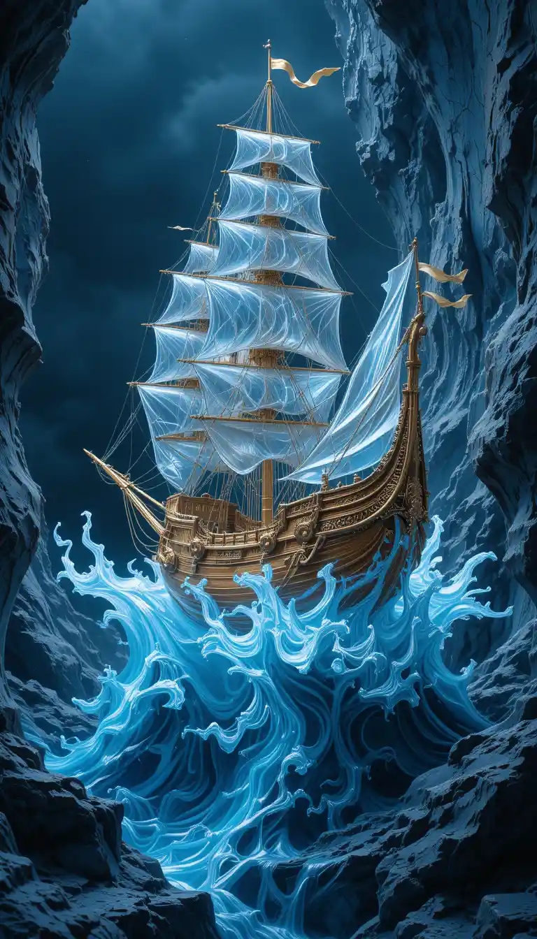 Surreal crystal sailing ship on abstract liquid marble sea