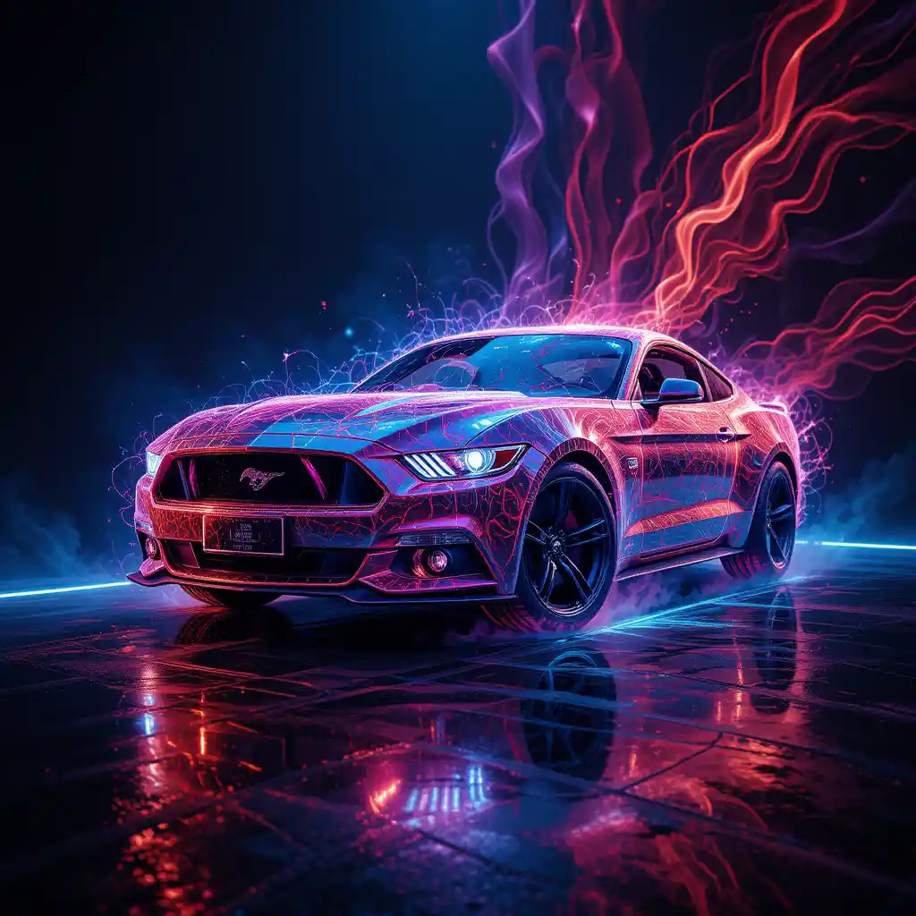 Colorful mustang sports car with dark mysterious background