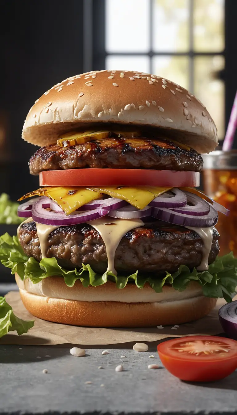 Juicy Double Burger With Pineapple And Fresh Vegetables
