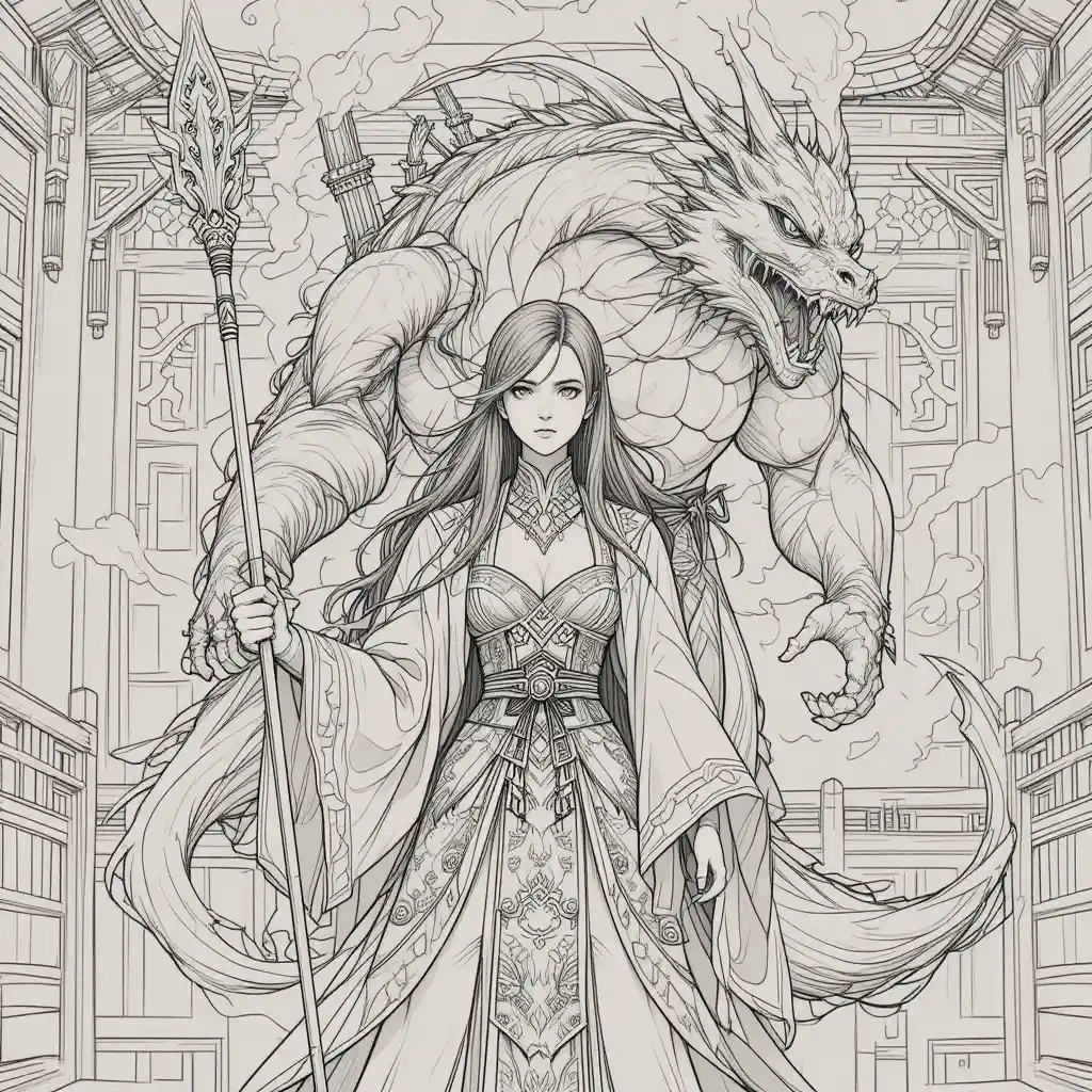 Elegant spear warrior with dragon guardian in temple