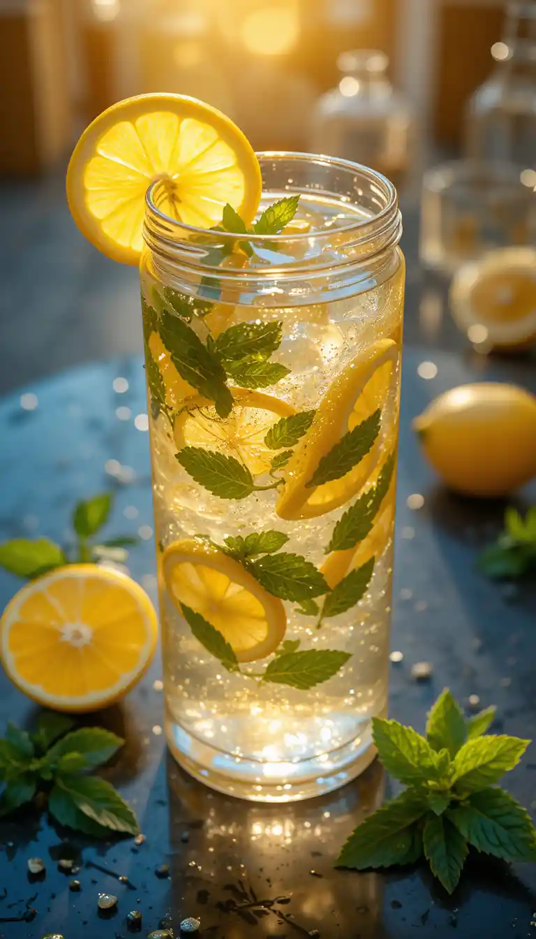High angle view of infused lemonade with ginger and mint