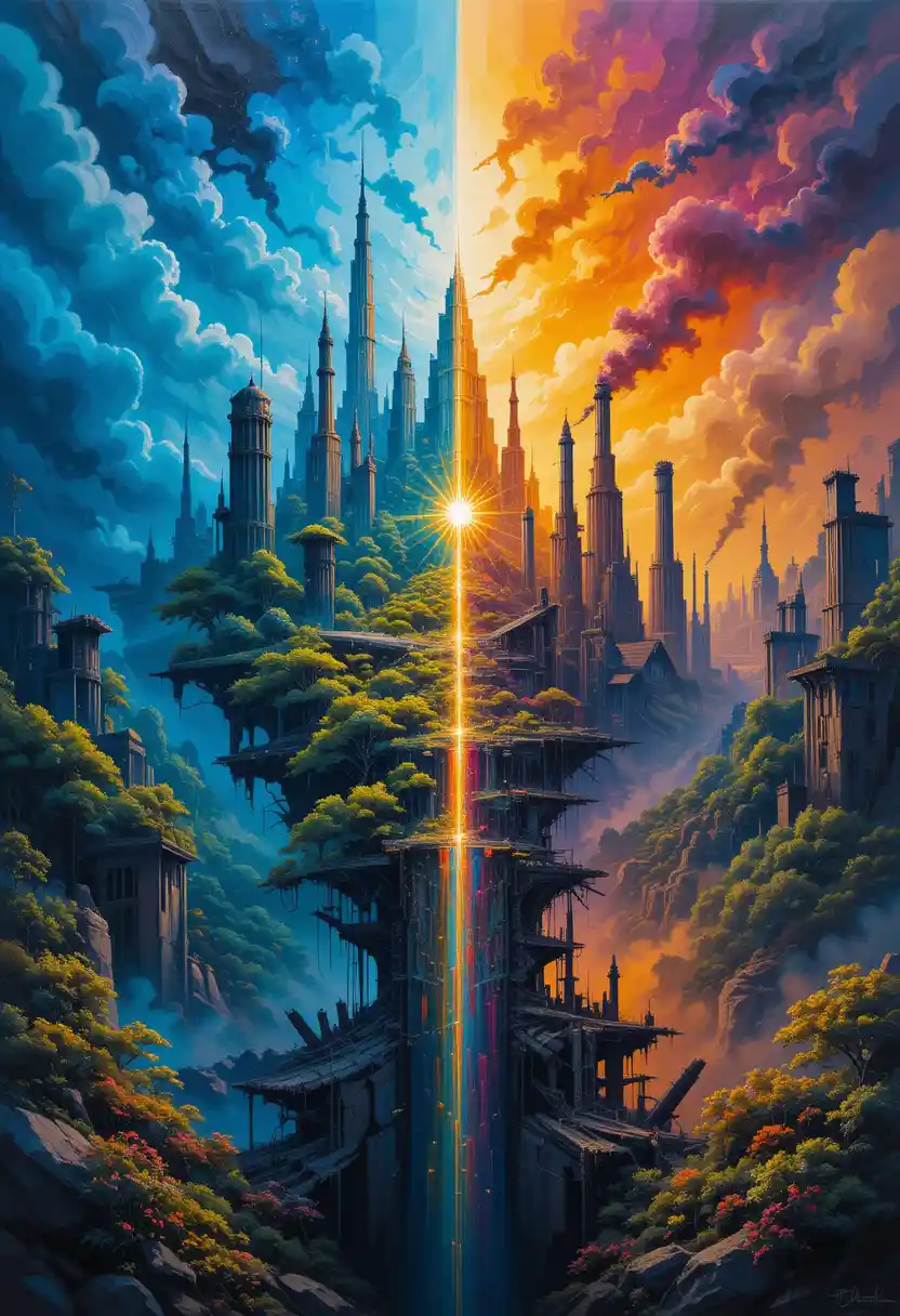 Surreal painting of mirrored fantasy landscape and dark city