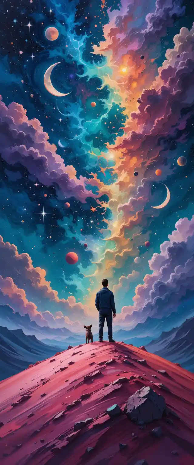 Man and dog on hilltop facing surreal cosmic sky