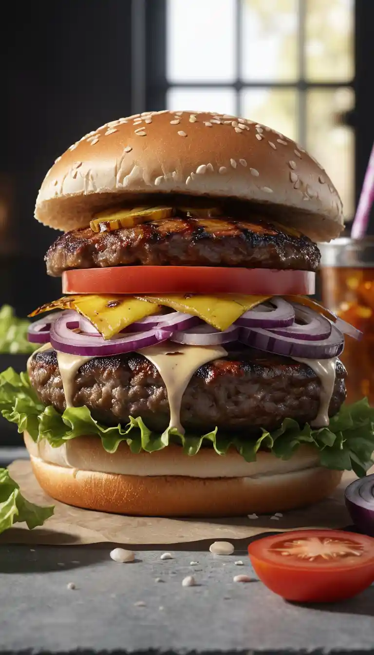 Saftiger Doppelburger mit Ananas und frischem Gemüse