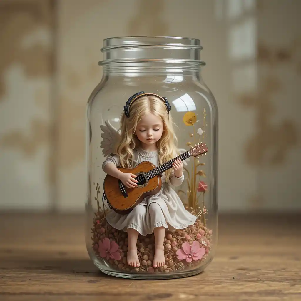 Little girl with long blond hair playing guitar in jar