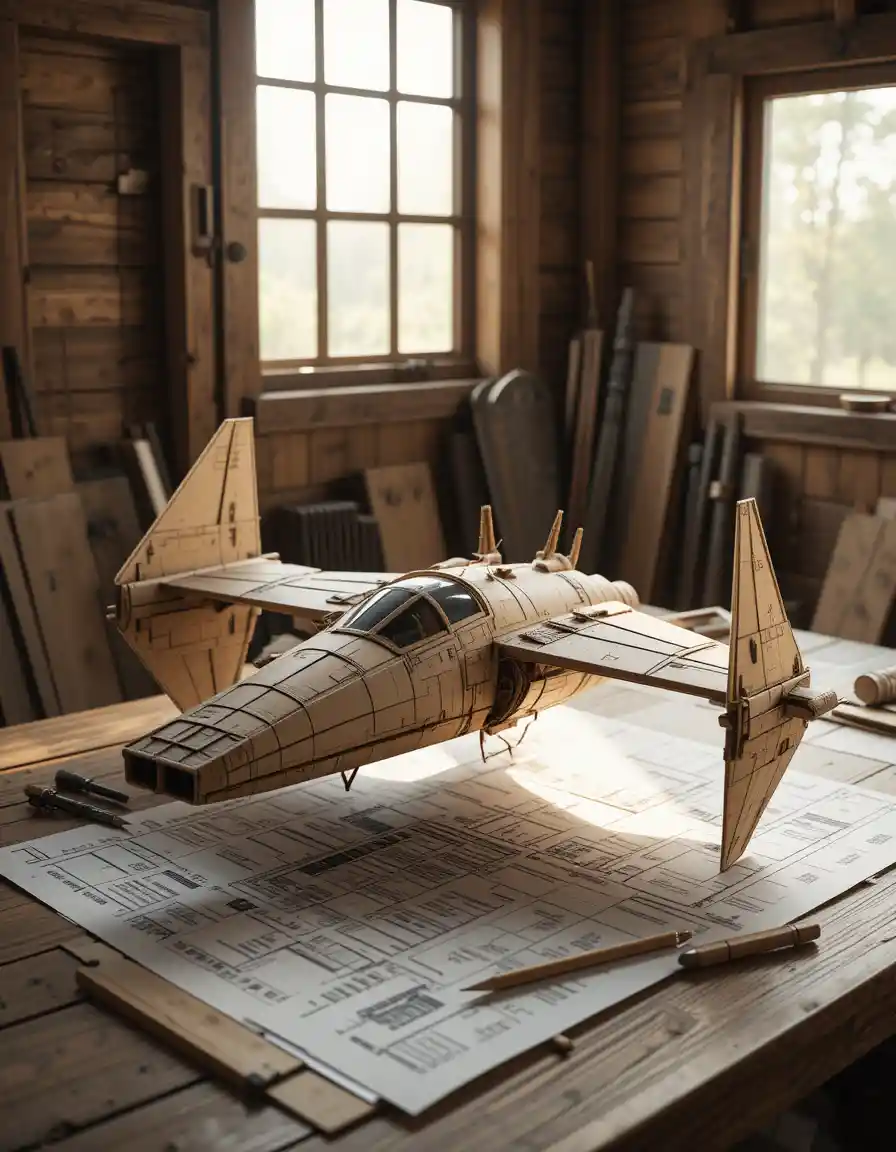 Paper spaceship model on work table in wooden cabin
