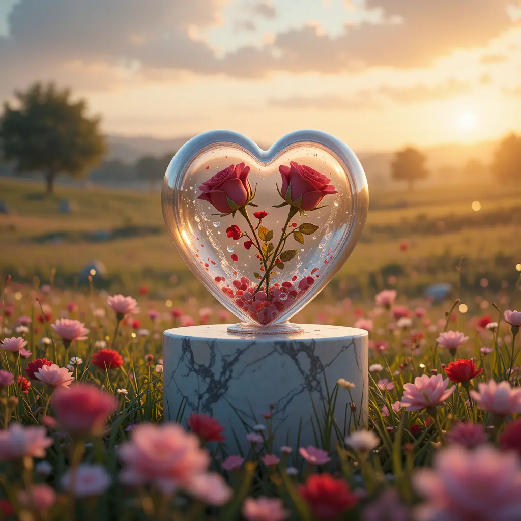 Heart glass vessel with roses on a romantic meadow