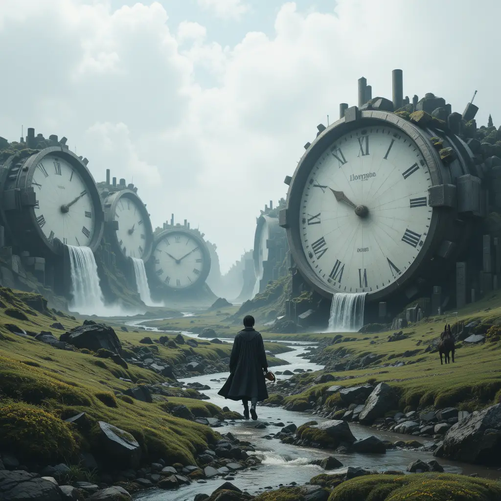 Surreal landscape of giant ground clocks with flowing waterfalls