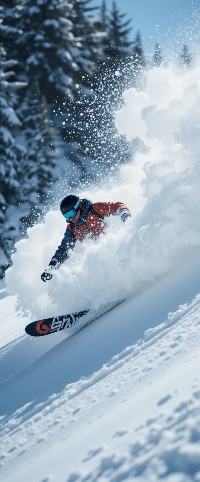 Snowboarder Carving A Deep Powder Turn On Mountain Slope
