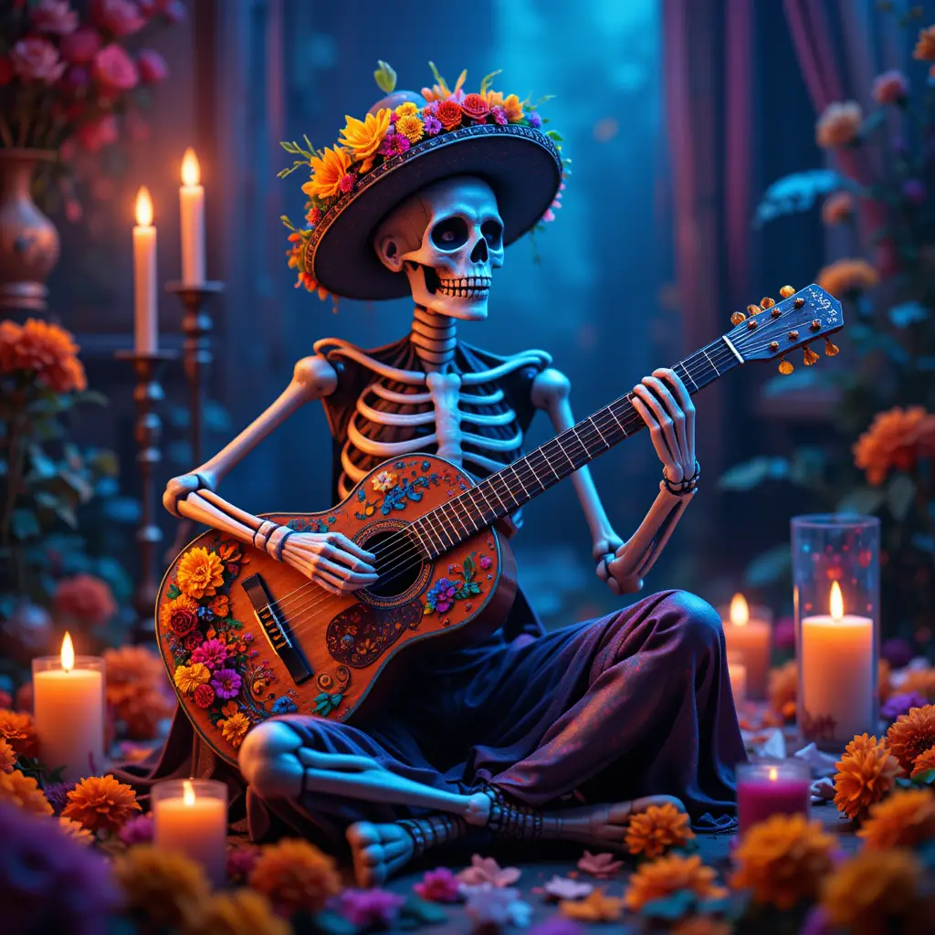 Skeleton musician playing guitar in day of the dead scene