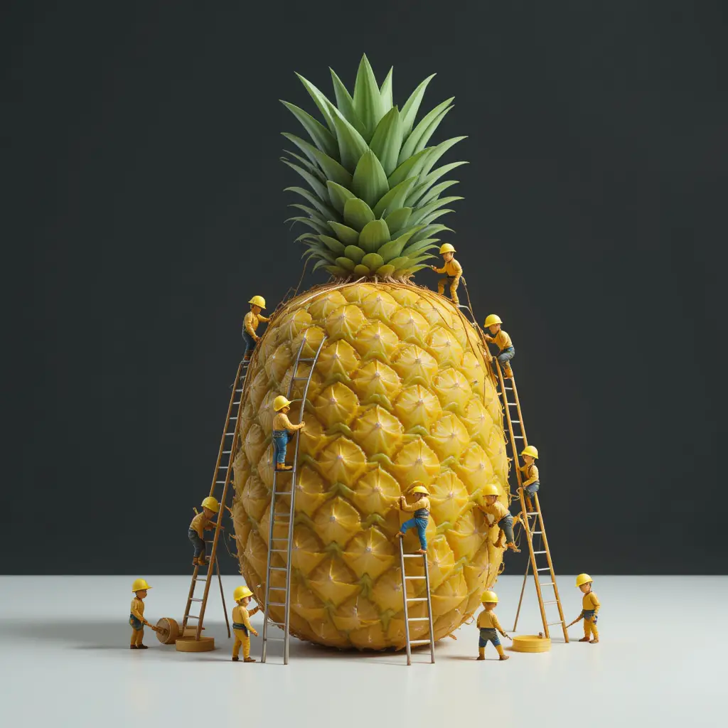Mini operai edili che costruiscono una gigantesca scultura di ananas