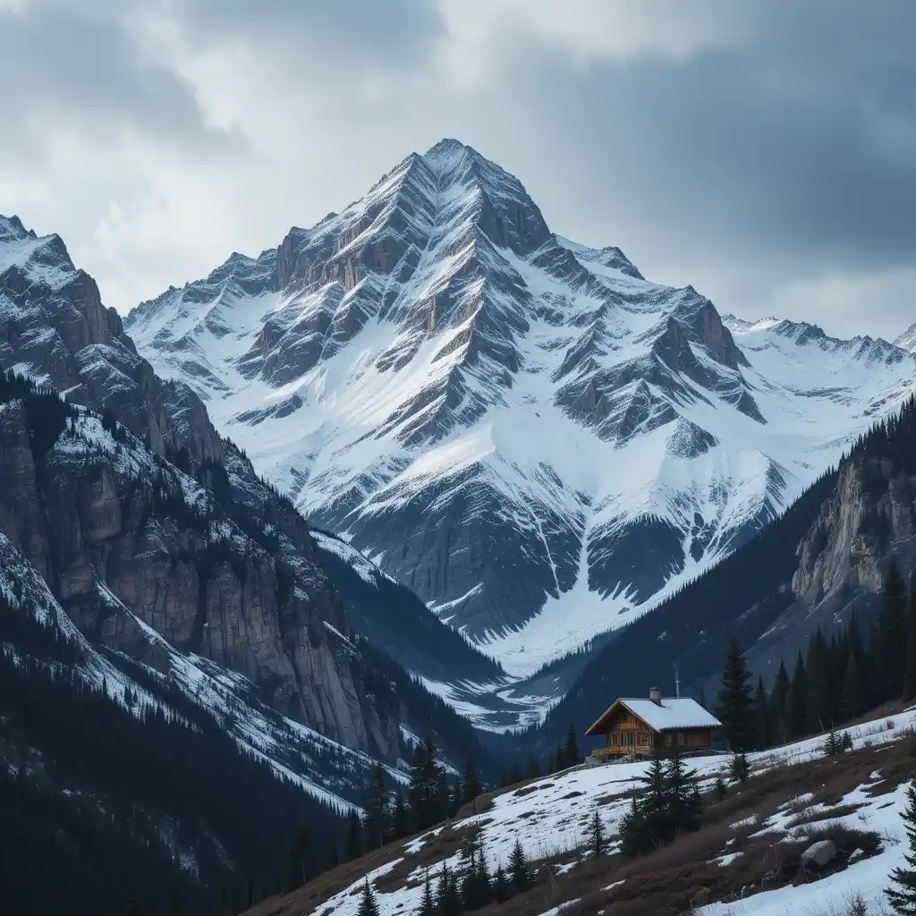 Verschneites Gebirge mit einer Holzhütte im Tal