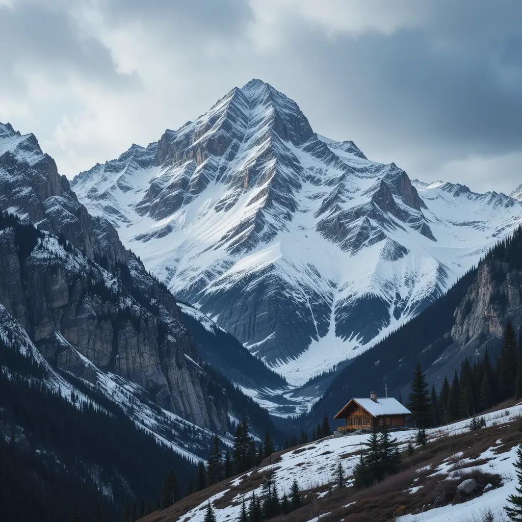 Snowy mountain range with a wooden cabin in the valley