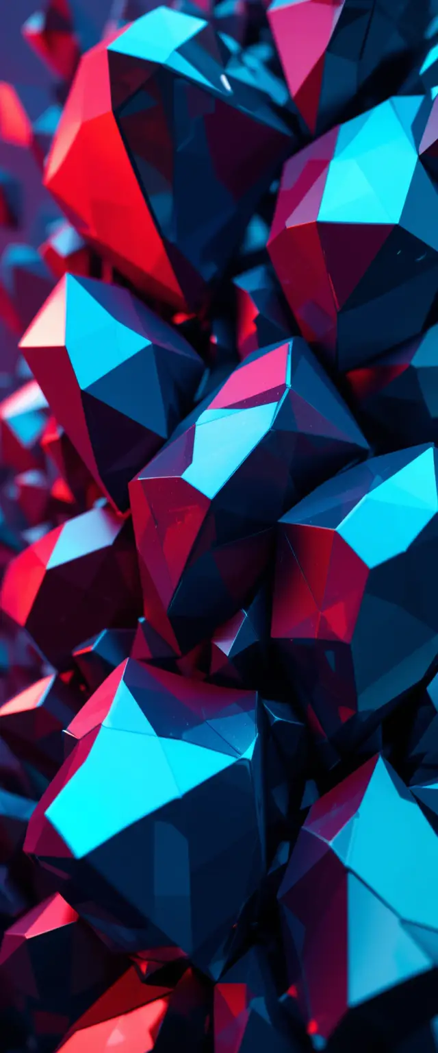 Abstract 3d geometric crystal forms in bold blue and red
