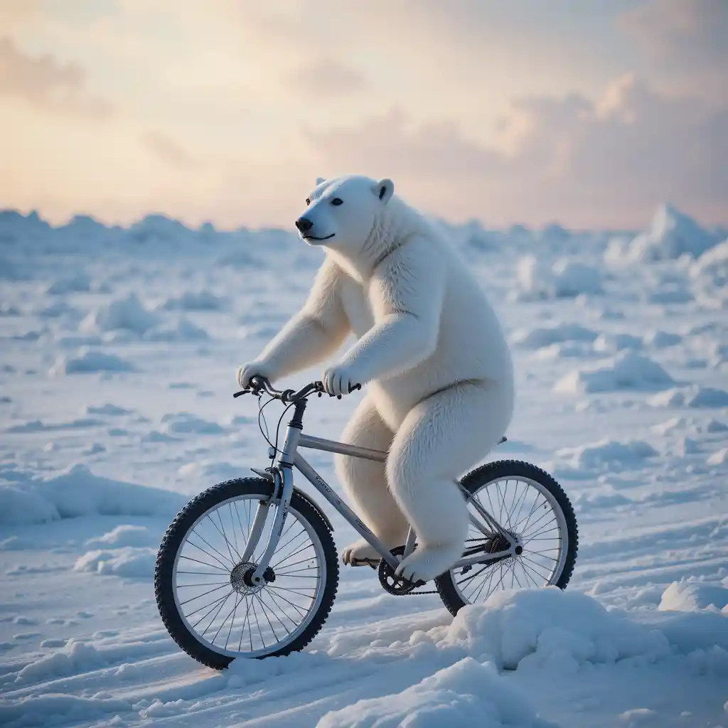 Polar bear riding a bicycle through a snowy fantasy landscape