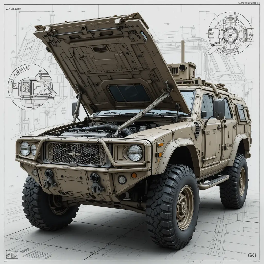 Engineering blueprint of a military Cougar vehicle project