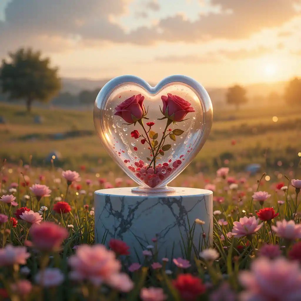 Heart glass vessel with roses on a romantic meadow