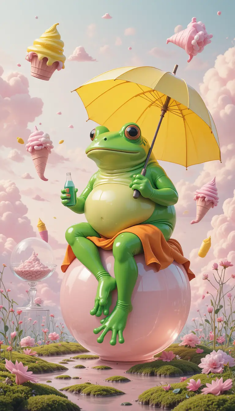 Surreal green frog on crystal orb in pastel sky