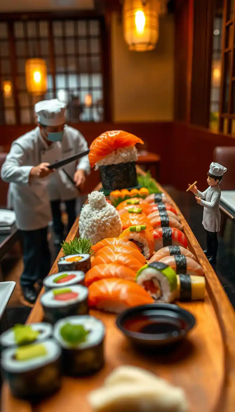 Holz-Sushi-Boot mit Miniatur-Sushi-Köchen bei der Arbeit