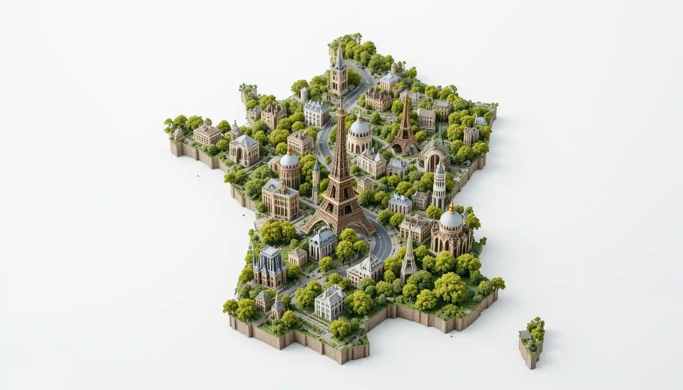 3d map of france with iconic historical landmarks
