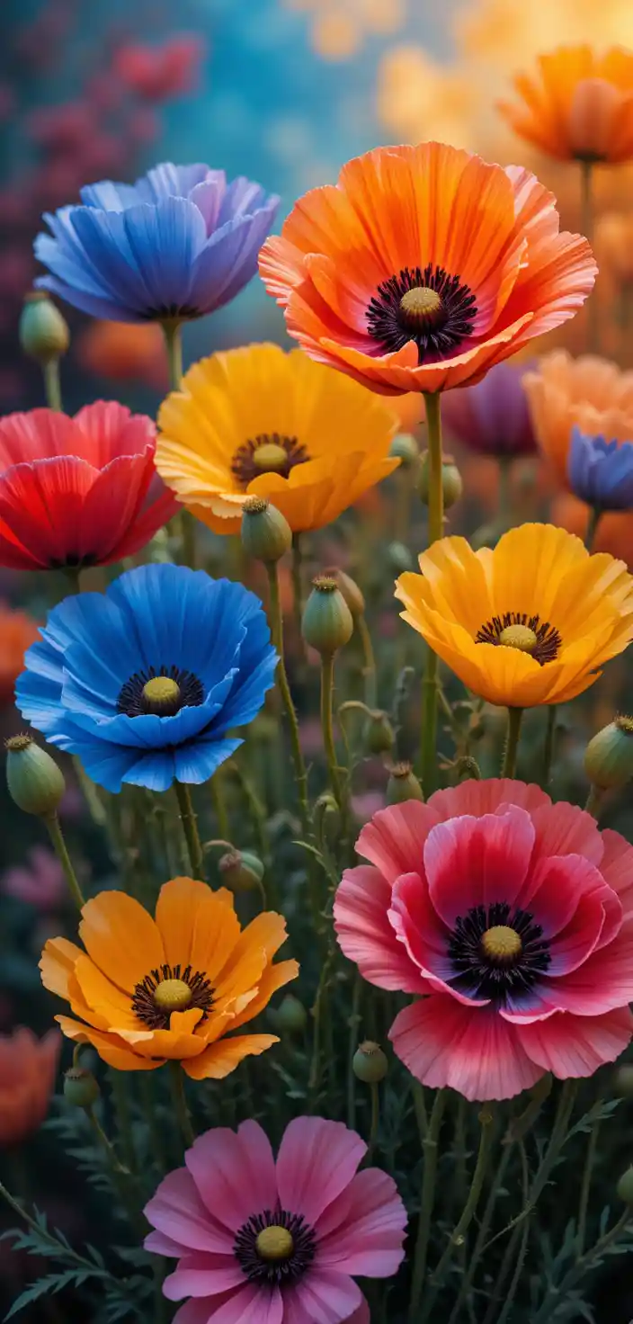 Bunte Mohnblumen mit strukturierten Blütenblättern und Knospen