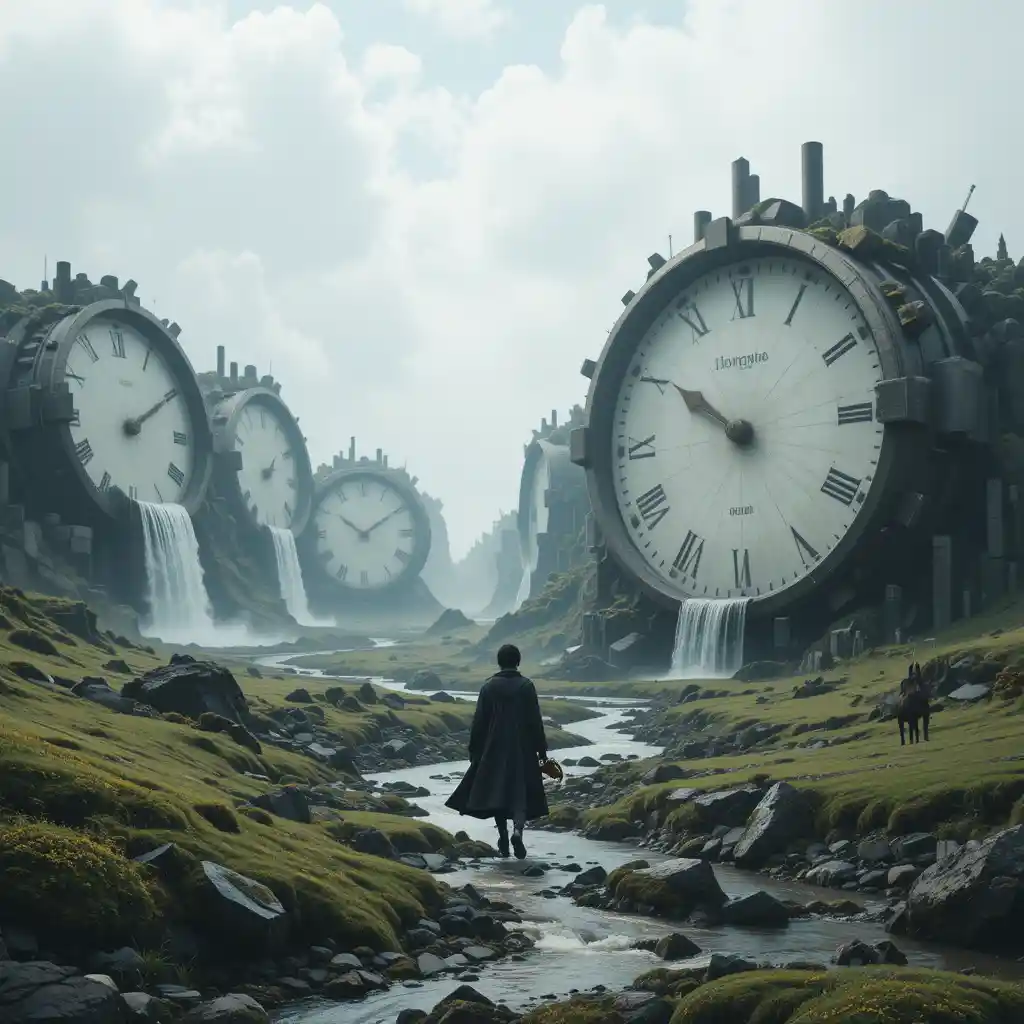 Surreal landscape of giant ground clocks with flowing waterfalls