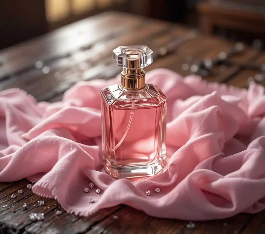 Pink perfume bottle on chiffon scarf with diamonds